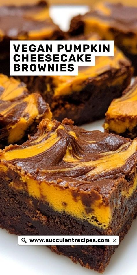 Treat yourself to Gooey Vegan Pumpkin Cheesecake Brownies, the ultimate fall dessert! These moist brownies are layered with a luscious pumpkin cheesecake swirl, making them irresistible. Pumpkin Cheesecake Vegan, Gluten Free Pumpkin Brownies, Pumpkin Brownie Recipes, Pumpkin Desserts Healthy, Pumpkin Brownies Healthy, Vegan Pumpkin Dessert, Vegan Fall Desserts, Pumpkin Cheesecake Swirl, Pumpkin Spice Brownies