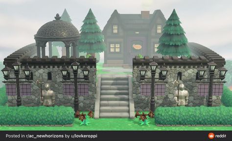 Animal Crossing Gothic Interior, Acnh Gothic House Exterior, Acnh Castle House, Acnh Mansion, Acnh Gothic Island, Gothic Animal Crossing, Animal Crossing Witch, Acnh Creepy, Acnh Halloween Island Ideas