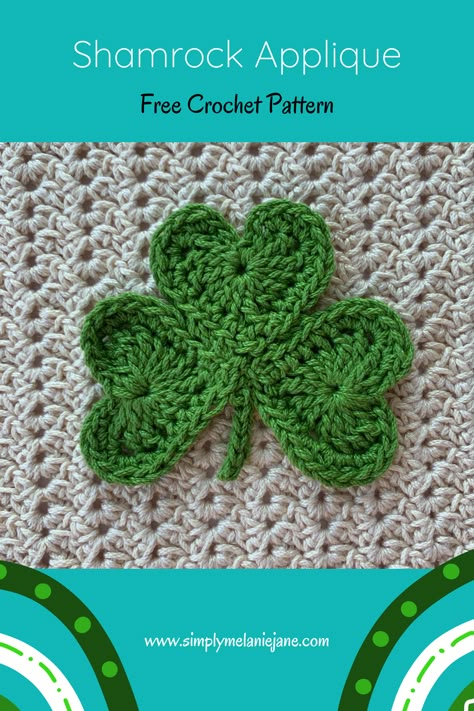 Crochet a shamrock using heart shapes. Use on all your St. Patrick's Day decor projects. Make a table runner or placemats. Use as a coaster. So many design possibilities. #crochetshamrock #shamrockapplique Crochet Shamrock Applique Free Pattern, St Pattys Day Crochet Free Pattern, Saint Patricks Day Crochet, St Patrick's Day Crochet, Crochet Shamrock Free Pattern Simple, St Patrick’s Crochet, Shamrock Granny Square Crochet, St Patrick Crochet Patterns Free, St Patrick's Day Crochet Patterns Free