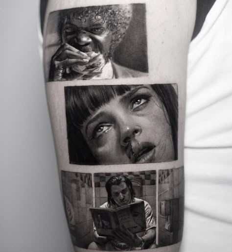 Realistic, Black and Gray Pulp Fiction fan tattoo featuring portraits of Samuel L. Jackson, Uma Thurman and John Travolta. Pulp Fiction Tattoo, Rabe Tattoo, Underground Tattoo, Portrait Realistic, Kunst Tattoos, Movie Tattoo, Movie Tattoos, Realistic Portrait, Tattoo Magazine