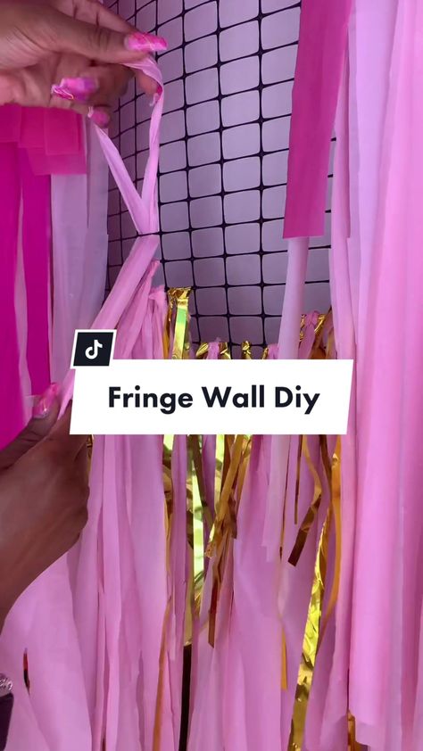 Fiesta Fringe Backdrop Diy, Photo Backdrop Diy Easy, Diy Pink Photo Backdrop, How To Hang Fringe Backdrop, How To Do A Fringe Backdrop, Backdrop Ideas For Live Selling, Fringe Arch Backdrop, How To Cover A Wall For A Party, Easy Picture Backdrop Ideas