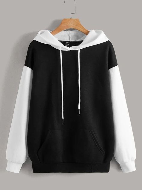 SHEIN Two Tone Drop Shoulder Thermal Hoodie | SHEIN USA Hoodie Black Aesthetic, Shein Hoodies, Shein Hoodie, Hoddies Outfits, Two Tone Hoodie, Black And White Hoodie, Black And White Hoodies, Shein Women, Aesthetic Hoodies