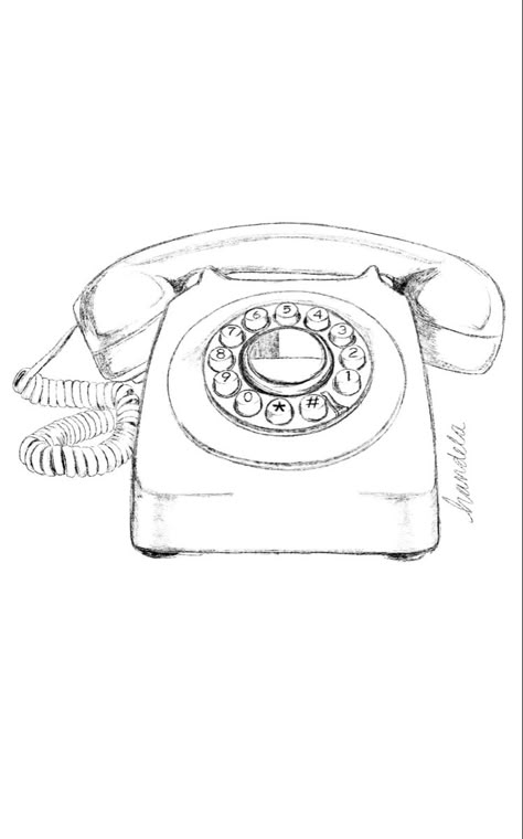 Dial Phone Tattoo, Old Fashioned Telephone Drawing, Retro Telephone Drawing, Old School Phone Drawing, Rotary Phone Illustration, Retro Phone Tattoo, Wall Art Drawing Ideas Hand Drawn, Landline Phone Tattoo, Landline Phone Drawing