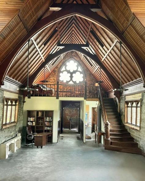 A near perfect church conversion home is selling for $350,000 and we're in love ❤️ Built in the early 1900s, this former house of worship boasts a handsome stone facade and a tall steeple. Thanks to a well-executed conversion, the interior of the former St. John’s Church truly shines. As the listing details put it, “This church is a unique and stunning property that seamlessly blends historic charm with modern living.” On the lower level, you’ll find a one-bedroom apartment with original b... Church Home Conversion, Church Conversions Home, Renovated Churches Into Homes, Church Converted To Home, Church House Conversion, Converted Church House, Tower Interior, Chapel Conversion, Converted Church