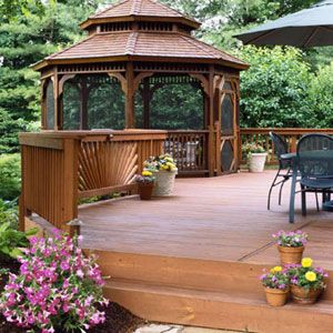 Savvy Deck Design- This is my favorite, beautiful curved designs with a screened gazebo! :)  Just lovely Screened Gazebo, Dream Deck, Wooden Gazebo, Backyard Gazebo, Deck Designs Backyard, Decks Backyard, Diy Deck, Backyard Deck, Pergola Plans