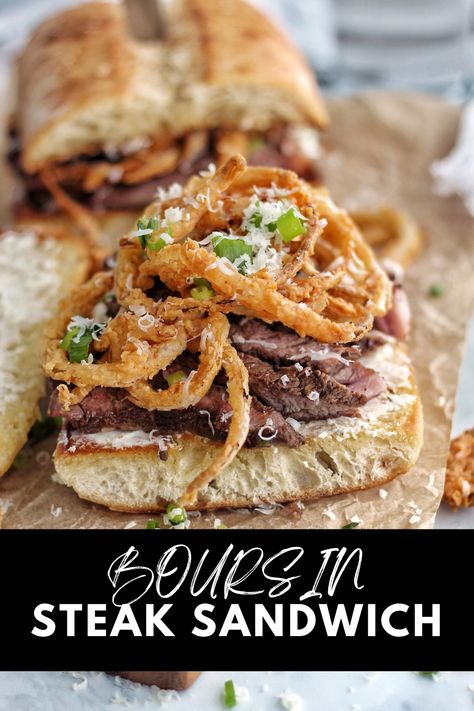 Boursin Steak Sandwich Shaved Steak Sandwich Recipes, Boursin Steak, Steak Sandwich Sauce, Pan Seared Ribeye Steak, Seared Ribeye Steak, Fried Onion Strings, Pan Seared Ribeye, Sandwich Spread Recipes, Boursin Recipes