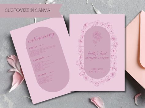 Is your bride to be all things chic? Get her bachelorette party started in style, with this stunning floral set, which is 100% customizable! Start by updating the name of your bride to be, color scheme, details, etc. This is a downloadable file, which links to Canva, making the planning process so easy and effortless! Last Single Soiree, Soiree Invitation, Floral Bachelorette, Bachelorette Invite, Bachelorette Theme, Chic Invitation, Bachelorette Invitation, Custom Bachelorette, Bachelorette Themes