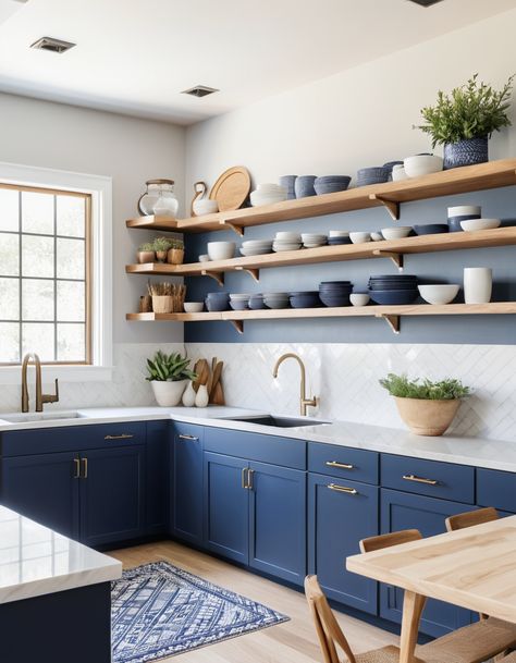 48 Modern Blue Kitchen Ideas: Bright Backsplashes and Stylish Islands Blue Kitchen White Countertops, Blue Cupboard Kitchen, Blue Cabinets In Kitchen, Bright And Colorful Kitchen, Blue White Wood Kitchen, Blue Island In Kitchen, Santorini Kitchen, Blue Lower Cabinets White Upper, Blue And Copper Kitchen