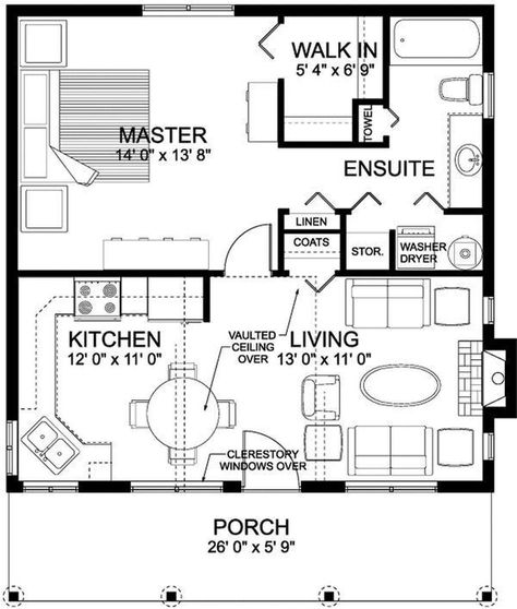 Cabin Style House, Mother In Law Cottage, 1 Bedroom House Plans, Guest House Plans, Small Cottage House Plans, One Bedroom House, 1 Bedroom House, Cottage Floor Plans, Cabin Floor