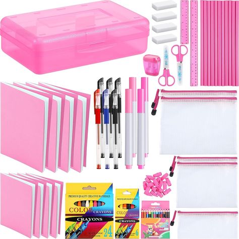 Harloon 137 Pcs School Supplies Kit Back to School Essentials Bulk Includes Notebooks Pencils Pens File Pouch Crayons Rulers Scissors and More for Kids Girl Boy Student Classroom Charity (Rose Red) School Supply Box, Middle School Supplies, Kids School Supplies, School Kit, School Glue, School Supply, Back To School Essentials, School Accessories, School Essentials