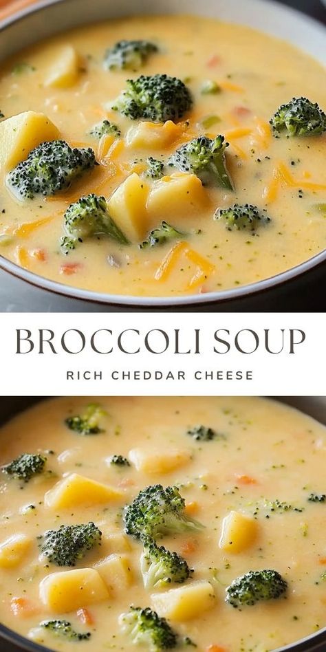 Creamy Cheddar Broccoli Potato Soup Ingredients: 2 tablespoons butter 1 onion, diced 2 cloves garlic, minced 3 cups broccoli florets 3 medium potatoes, peeled and diced 4 cups vegetable or chicken broth 2 cups shredded sharp cheddar cheese 1 cup milk or cream Salt and pepper to taste Optional toppings: extra cheddar cheese, croutons, or fresh parsley #Broccoli #Soup Cheddar Broccoli Potato Soup, Broccoli Potato Cheese Soup, Creamy Broccoli Cheddar Soup, Broccoli Potato Soup, Broccoli Potato, Cheddar Broccoli, Broccoli Cheddar Soup Recipe, Broccoli And Potatoes, Cheese Croutons