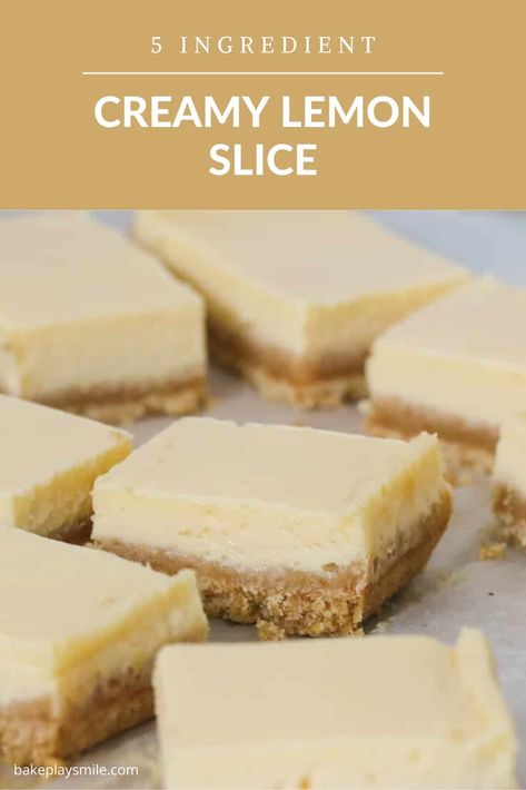 A classic baked creamy lemon slice made with just 5 ingredients - sweetened condensed milk, eggs, lemon juice, cookie crumbs and butter! This family favourite slice takes less than 10 minutes to prepare... and tastes AMAZING!!! #creamy #lemon #slice #baked #sweetened #condensed #milk #bars #dessert #thermomix #conventional Condensed Milk Recipes Desserts, Condensed Milk Desserts, Sweet Slices, Milk Recipes Dessert, Recipe Using Lemons, Freezing Lemons, Sweetened Condensed Milk Recipes, Milk Dessert, Tray Bake Recipes