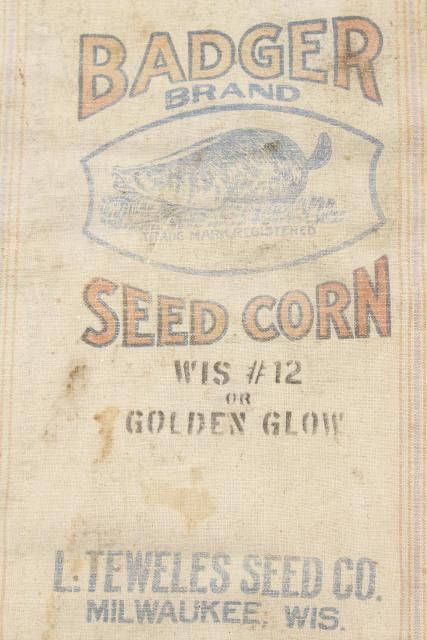 vintage heavy cotton grain sack, striped feed bag Wisconsin Badger brand seeds advertising Call Snacks, Wisconsin Badger, Feed Bag, Corn Seed, Feed Bags, Burlap Crafts, Air Bnb, Vintage Printable, Wood Burning Art