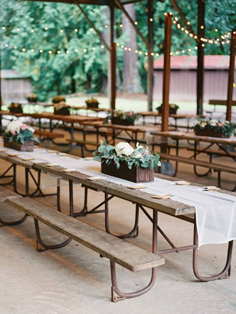 DIY Oregon Wedding at Camp Lane  Read more - http://www.stylemepretty.com/2013/12/30/diy-oregon-wedding-at-camp-lane/ Picnic Table Wedding, Wedding Picnic Reception, Rustic Table Runners, Wedding Backyard Reception, Backyard Reception, Deco Champetre, Pavilion Wedding, Picnic Wedding, Camp Wedding