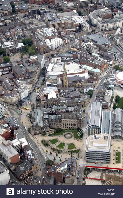 Aerial view north east of Sheffield City Centre St Marie s R C Cathedral Sheffield Cathedral Town Hall The Peace Gardens S1 Sources Of Iron, Sheffield Cathedral, Happy City, Sheffield City, City Scene, Water Wheel, St Mary, North East, Town Hall