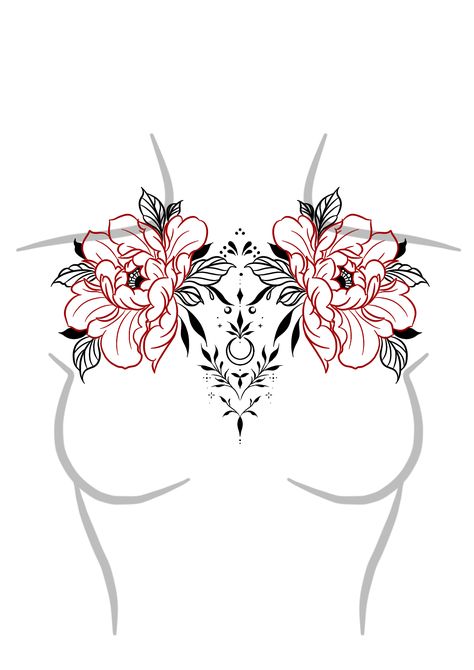 Symmetrical Peony Tattoo, Thigh Tattoos Women Template, Centre Chest Tattoo Female, Tattoo Outlines For Women, Chest Piece Tattoos For Women, Female Chest Tattoo Ideas, Female Chest Tattoo, Chest Tattoo Designs Female, Chest Tattoo Ideas