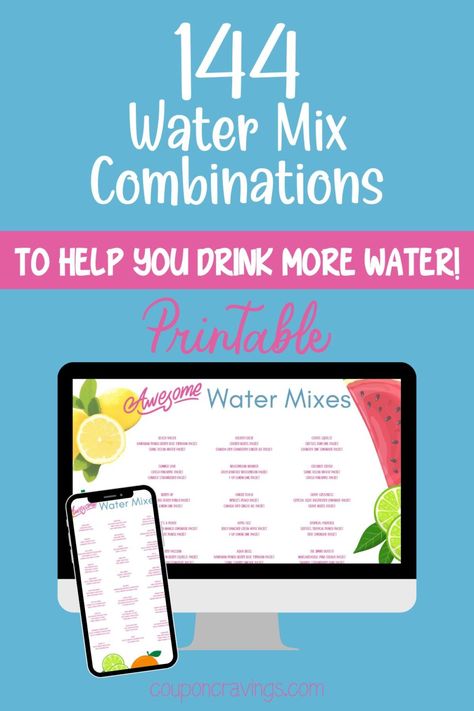 144 water mixes you can make with flavor packets Sugar Free Water Flavoring Recipes, Flavored Water Recipes Syrup, Flavor Water Packet Recipes, Water Flavor Ideas Packets Recipes, Water Syrup Recipes, Water Mixes Recipes, Water Drink Mix Combinations, Water Flavor Packet Recipes, Water Combinations