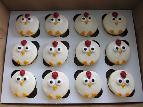 Chickens!! Chicken Themed Cupcakes, Chicken Cupcakes Birthday, Chicken Themed Birthday Party, Chicken Birthday Party, Little Blue Truck Birthday Party, Blue Truck Birthday Party, Chicken Cakes, Chicken Cupcakes, Chicken Party