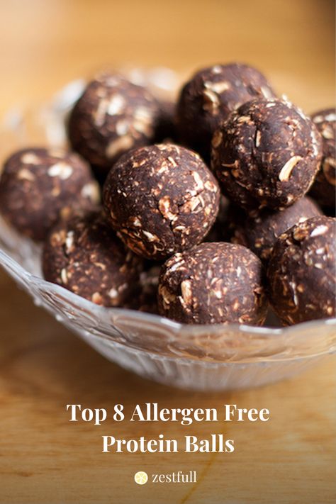 Top 8 Allergen Free Protein Balls are great to have in the morning, they will give you the boost you need whether you are going for a hike, need to get through the day, or training for a half marathon. These healthy protein balls are free from peanuts, tree nuts, and seeds. Made with black beans, cocoa, coconut oil, coconut flakes and chocolate pieces. Black Bean Protein, Chocolate Protein Balls, Tree Nut Allergy, Protein Bites, Protein Balls, Sweet Cravings, Allergy Free Recipes, Allergy Friendly Recipes, Protein Ball