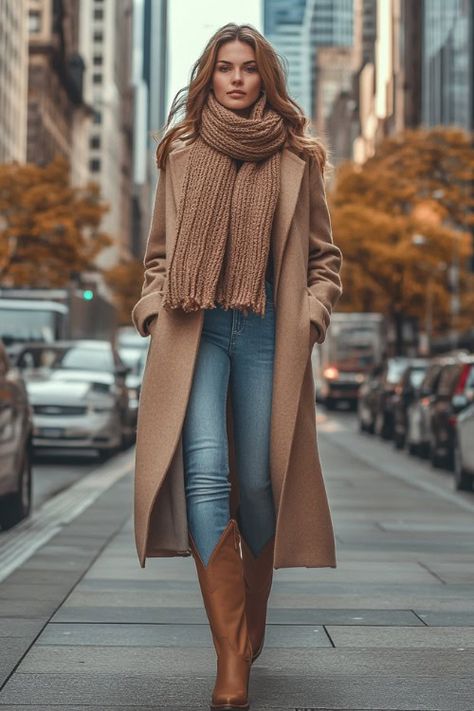 75+ Jeans and Cowboy Boots Outfit Ideas for Winter: Stay Warm, Stay Stylish! - From The Guest Room Tan Cowboy Boots Outfit Fall, Tan Western Boots Outfit, Tan Boots Outfit Winter, Light Tan Boots Outfit, Brown Tall Boots Outfit, Long Brown Coat Outfit, Tan Cowboy Boots Outfit, Brown Boots Outfit Winter, Camel Boots Outfit