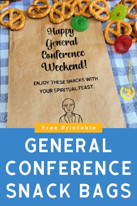 Handing out snacks is a breeze with these printable lunch bags. Free printable! #teachlikeachicken #generalconference #lds Conference Snacks, General Conference Notebook, Conference Activities, General Conference Activities, Lds Conference, Activity Day Girls, Diy Snacks, Young Women Activities, Easter Printables Free