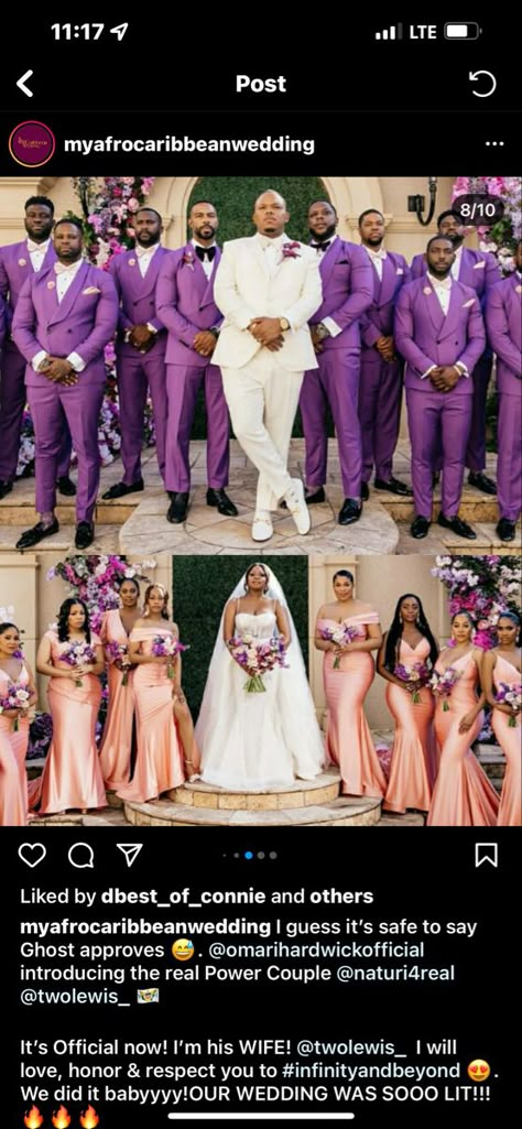 African American Wedding Party, Purple And Gold Wedding Groomsmen, Wedding Color Ideas Black People, African American Weddings Colors, Black People Wedding Colors, Bridesmaid Groomsmen Color, Black Gold Purple Wedding Bridesmaid Dresses, Purple And Gold Groomsmen Attire, Purple And Gold Wedding Bridesmaids