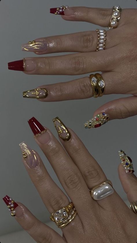 Desi Nails, Nail Inspo Aesthetic, Vivienne Westwood Inspired, Red And Gold Nails, Cross Nails, Nails Gel Nails, Vintage Nails, Aesthetic Nails, Edgy Nails