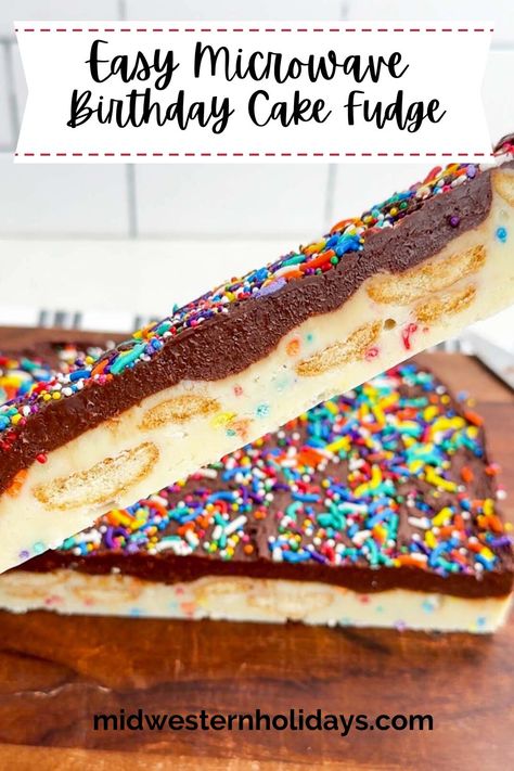 This creamy Birthday Cake Fudge looks like little pieces of funfetti cake with chocolate frosting! Made with two layers of fudge, vanilla and chocolate, soft, cake-like Nilla Wafers, and sprinkles, it’s an easy 5-minute microwave recipe perfect for birthdays, Christmas, or any celebration. Funfetti Cake Pops, Thumbprint Cookies With Icing, Microwave Fudge Recipe, Fudge With Condensed Milk, Birthday Cake Fudge, Cake Batter Fudge, Sweet Birthday Cake, Microwave Recipe, Cake With Chocolate Frosting