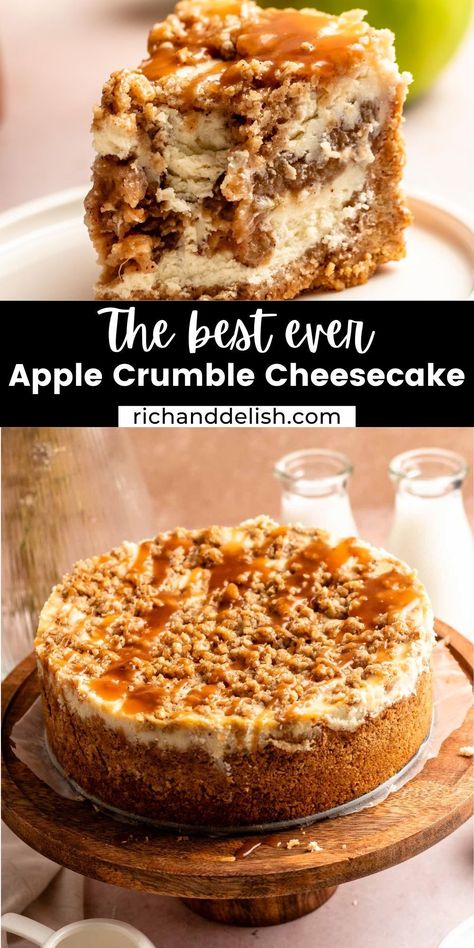 Caramel Apple Crumble Cheesecake, Cheesecake Flavors, Apple Cheesecake Recipes, Apple Crumble Cheesecake, Recipes For Winter, Crumble Cheesecake, Birthday Cheesecake, Caramel Apple Cheesecake, Oat Crumble