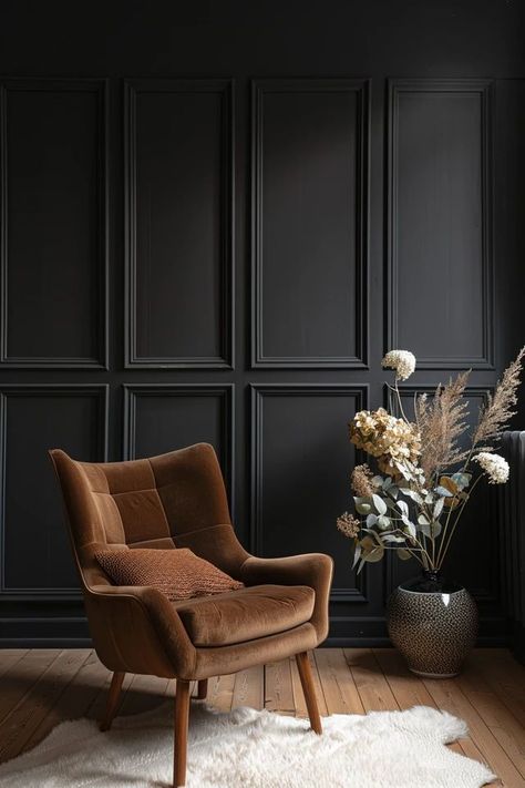 Black Wall Paneling Ideas for Chic Home Decor Styles Of Paneling, Dark Moulding Light Walls, Black Wall Moulding, Black Wall Panelling, Indoor Paneling Ideas, Accent Wall Bedroom Paneling, Black Panelling Living Room, Black Living Room Walls, Black Board And Batten Wall