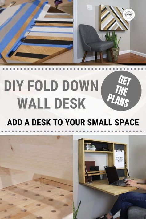 Learn how to build a DIY fold down wall desk. This desk is a beginner DIY woodworkin project great for small spaces or when you don't have a dedicated office! Get the plans at DIY Huntress… Shelf Desk Diy, Diy Fold Down Desk, Fold Down Wall Desk, Diy Wall Desk, Diy Huntress, Renovation Ideas On A Budget, Thrift Store Furniture Makeover Diy, Painted Furniture Designs, Fold Down Desk