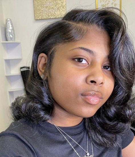 Short Wavy Bob Black Women Natural Hair, Curled Bob Black Women Natural, Short Flat Ironed Natural Hair Curls, Bob Curled Hairstyles Black Women, Curly Short Silk Press, Side Part Curly Bob Weave, Short Curly Hair Flat Iron, Hair Blowout Styles Short, Short Curly Side Part Sew In