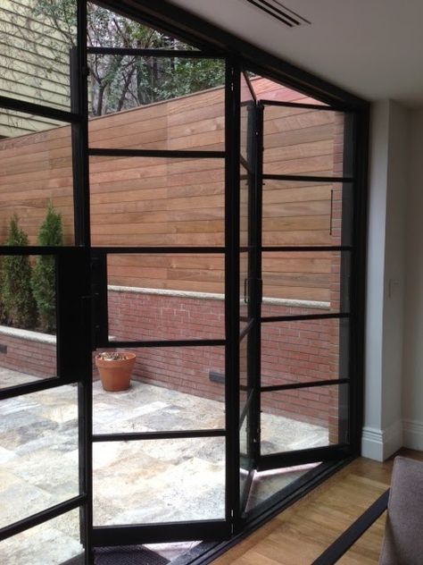 Manhattan Brown Stone - Steel Bi-Fold and Steel French Doors - Portella Extension Veranda, Steel French Doors, Steel Doors And Windows, Side Return, Glass Extension, Door Glass Design, Steel Windows, Extension Ideas, Kitchen Extension