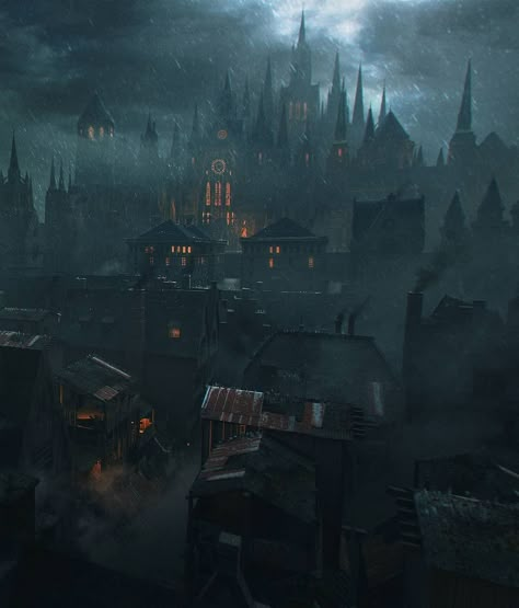 Yharnam City Art, Dark Dnd Aesthetic, Dark Steampunk City, Gothic Fantasy City, Dark Fantasy City, Gothic City, Steampunk City, Fantasy Town, Bg Design