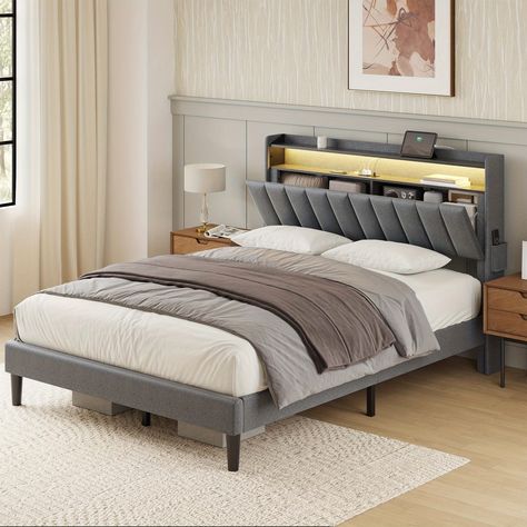 Faster shipping. Better service Bed Frame Headboard Storage, Queen Bed Frame With Headboard Storage, Bed With Headrest, Fabric Headboard With Shelf, Tall Bed Frame With Storage, Queen Size Bed Frame Ideas, Master Bed With Storage, Adjustable Bed Frame Headboard, Full Bed Frame With Headboard