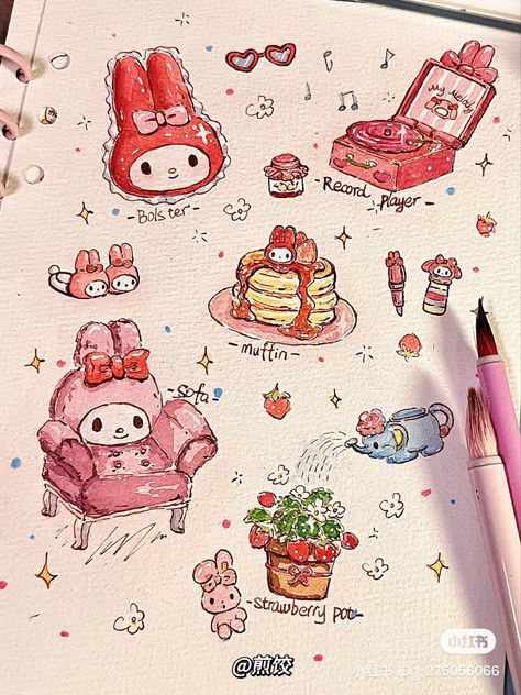 Cute Doodles Hello Kitty, Sketchbook Ideas Hello Kitty, Watercolor Hello Kitty, Sanrio Cute Drawing, Art Sketchbook Cute, Sanrio Watercolor, Cute Watercolor Drawings, Hello Kitty Illustration, My Melody Drawing