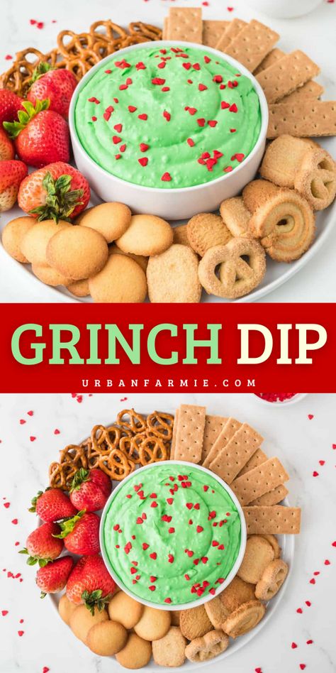 This creamy, green Grinch dip brings holiday fun to your table with! Quick, sweet, and festive, it’s a party favorite for kids and grown-ups alike. Grinch Holiday Platter, Grinch Dessert Dip, Red And Green Foods For Christmas, Grinch Christmas Appetizer, Grinch Birthday Party Food Ideas, Christmas Themed Meals For Kids, Grinch Party Appetizers, Green Jello Recipes, Grinch Dip Cream Cheeses