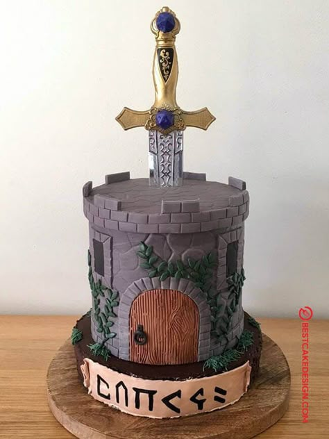 50 The Sword in the Stone Cake Design (Cake Idea) - October 2019 Dragons Cake, Stone Cake, Coffee Ganache, Knight Cake, Zelda Cake, Knight Birthday Party, Base Cake, 15th Birthday Cakes, Kids Castle