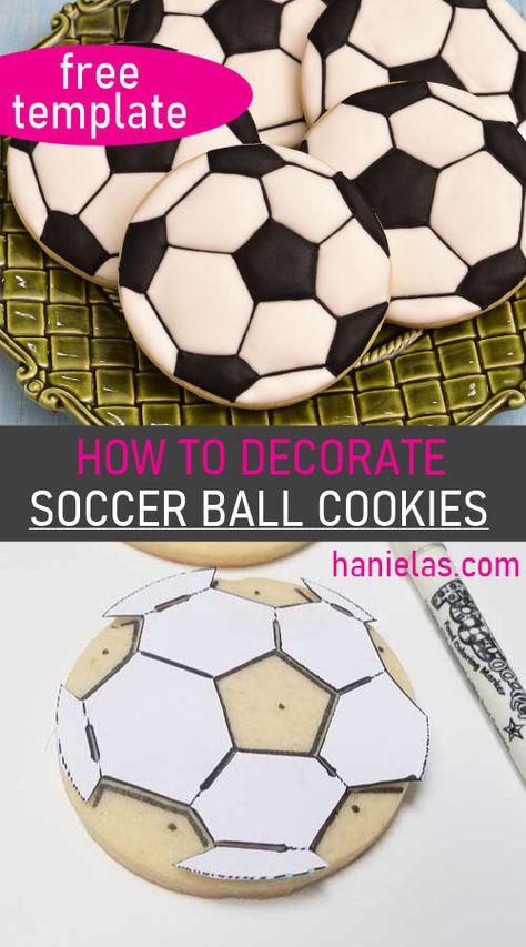 How to Decorate Soccer Ball Cookies with royal icing, using a simple  template. [Video] How To Make Soccer Ball Cookies, Soccer Themed Cookies Decorated, Soccer Ball Royal Icing Cookie, Royal Icing Soccer Cookies, Soccer Cookies Decorated Easy, Soccer Ball Cookie Template, How To Decorate With Royal Icing Video, Soccer Cookie Ideas, How To Decorate Soccer Ball Cookies