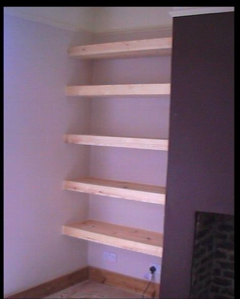 wall shelving ideas | Finished shelving job with shelves added to alcove area to the side of ... Alcove Ideas Living Room, Alcove Shelves, Shelves And Storage, Alcove Shelving, Diy Doctor, Industrial Floating Shelves, Long Floating Shelves, Floating Shelves Bedroom, Reclaimed Wood Floating Shelves