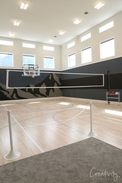 Indoor Volleyball Court In House, Basketball Court In Basement, In Home Basketball Court, Shed With Basketball Court, Indoor Pickle Ball Court, Basement Basketball Court, Barndominium With Basketball Court, Home Basketball Court Indoor, Indoor Basketball Court In House