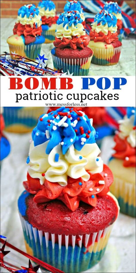 These Bomb Pop Patriotic Cupcakes are inspired by those icy summer treats and are perfect for any patriotic holiday such as Memorial Day or the 4th of July. #BombPop #PatrioticCupcakes #4thofJuly #MemorialDay #cupcakerecipe Blue Treats, Red White And Blue Cake, Patriotic Cupcakes, Rocket Pop, Pop Cupcakes, Patriotic Food, Patriotic Desserts, Bomb Pop, 4th Of July Desserts