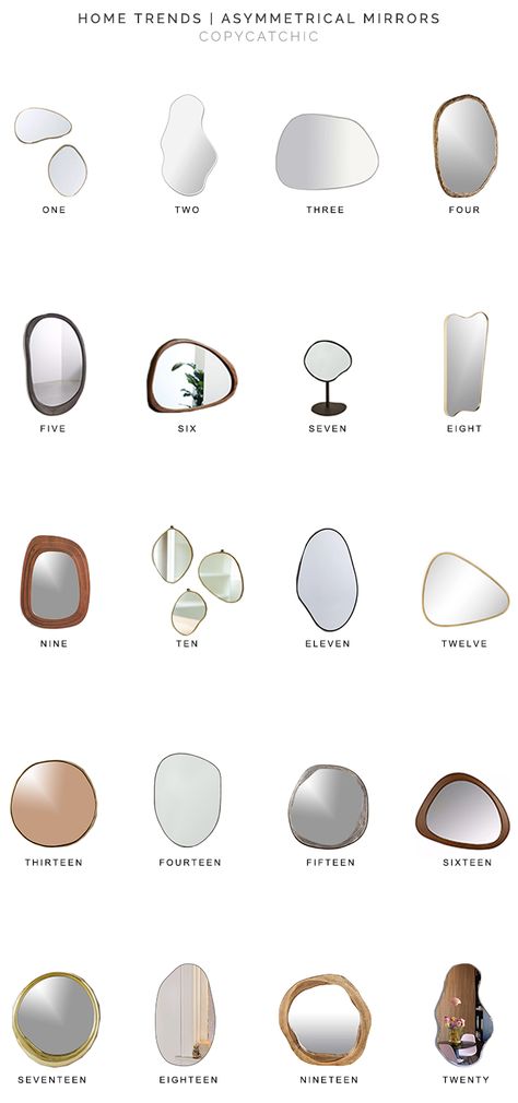 Home Trends | Asymmetrical Mirrors - copycatchic Mirror Shapes Design Living Rooms, Asymmetrical Mirror Bedroom, Shaped Mirrors Wall, Mirror Wall Decor For Bathroom, Diy Asymmetrical Mirror, Asymmetric Mirror Bathroom, Odd Shaped Bathroom Mirrors, Different Shape Mirrors On Wall, Mirror Wall Decor Diningroom