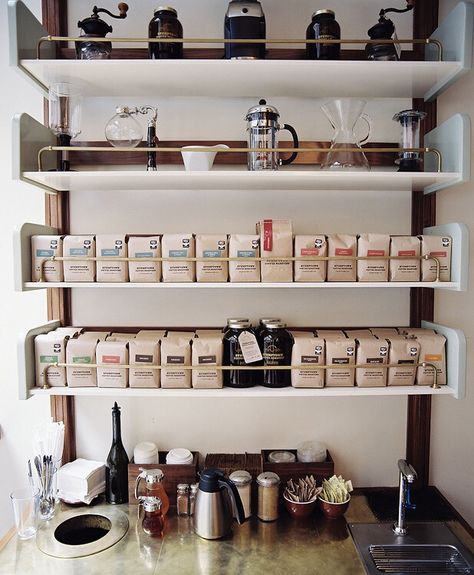 Shelving Coffee Shop Counter, Coffee Display, Merchandise Display, Bakery Coffee Shop, Stumptown Coffee, Cafe Display, Coffee Counter, Coffee Inspiration, Coffee Stand