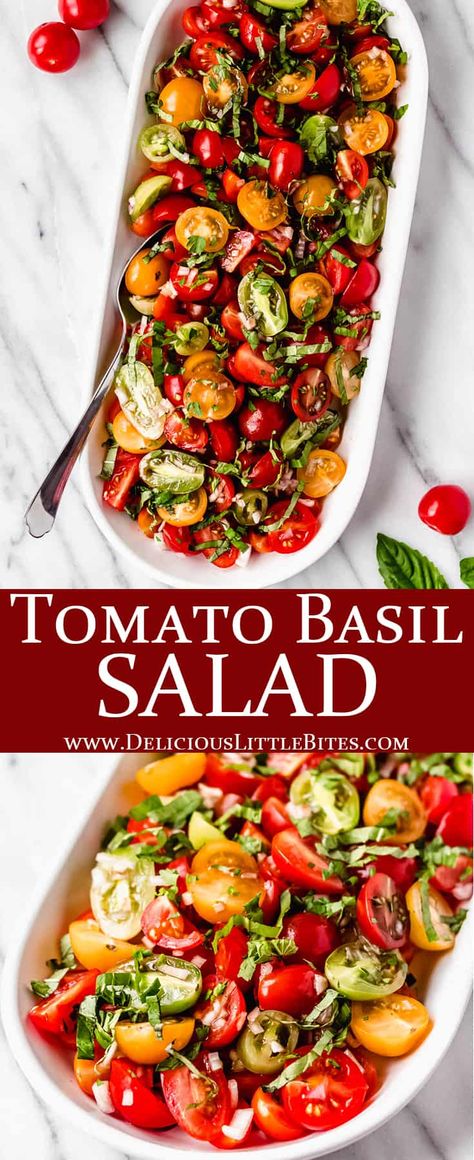 Tomato Basil Salad is the perfect summer side dish to serve at barbecues, cookouts, and picnics outdoors. This healthy recipe features juicy tomatoes and fresh basil, which provide tons of flavor. Quick and easy to prepare, or modify, refreshing Tomato Basil Salad is the versatile, simple side dish you’ve been searching for. | #tomatosalad #marinatedtomatoes #gardentomatoes #heirloomtomatoes, #sidedish #salad Tomato Feta Salad Balsamic, Salad With Lettuce And Tomatoes, Fresh Basil Salad Recipes, Cherry Tomato Basil Salad, Zucchini Tomato Basil Recipes, Tomato Pesto Salad, Salads With Fresh Basil, Fresh Tomato Side Dishes, Creamy Tomato Salad