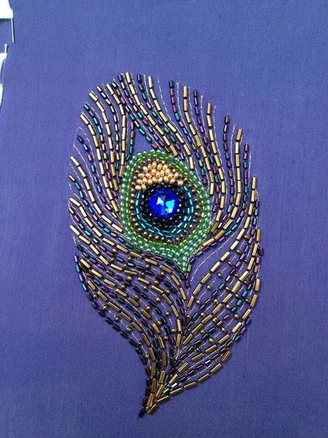 Peacock Beaded Embroidery, Hand Bead Embroidery Designs, Handwork Design Unique, Peacock Feather Embroidery Design, Beads Embroidery Designs, Embroidery Designs With Beads, Peacock Hand Embroidery, Beaded Peacock Feather, Peacock Feather Embroidery