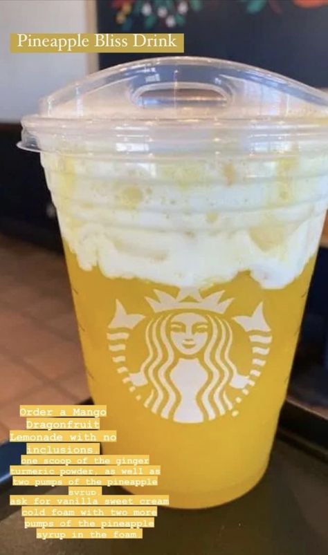 Starbucks Hangover Drinks, Mango Starbucks Drinks Recipes, Tropical Starbucks Drinks, Pineapple Starbucks Drinks, Yellow Starbucks Drink, Starbucks Drinks Mango, Mango Starbucks Drinks, Pineapple Refresher Starbucks, Non Coffee Starbucks Drinks