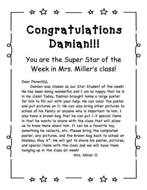 Star Student of the Week Student Of The Month Ideas, Star Student Of The Week, Star Student, Student Of The Week, Student Of The Month, Star Of The Week, Teaching Third Grade, Star Students, Letter To Parents