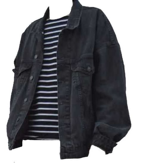 black jean jacket over a black and white striped tee shirt | ShopLook Emo Aesthetic Boy, Pngs Clothes, Moodboard Pngs, Png Clothes, Black Jean Jacket, Outfit Png, Shirt Diy, 90s Grunge, Grunge Style