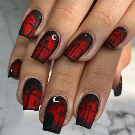 20 Black Halloween Nail Ideas: From Ghosts to Spider Webs, Nail Art to Die For Gel Nails Gothic, Halloween Foil Nails, Halloween Blooming Gel Nails, Stephen King Nails, Grave Nails, The Shining Nails, Exorcist Nails, Rocky Horror Nails, Dracula Nails